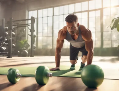 Homem atlético fazendo flexões em uma academia iluminada, com halteres e uma planta ao fundo, destacando a saúde e o exercício físico.