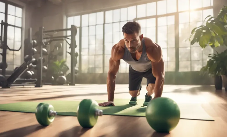 Homem atlético fazendo flexões em uma academia iluminada, com halteres e uma planta ao fundo, destacando a saúde e o exercício físico.